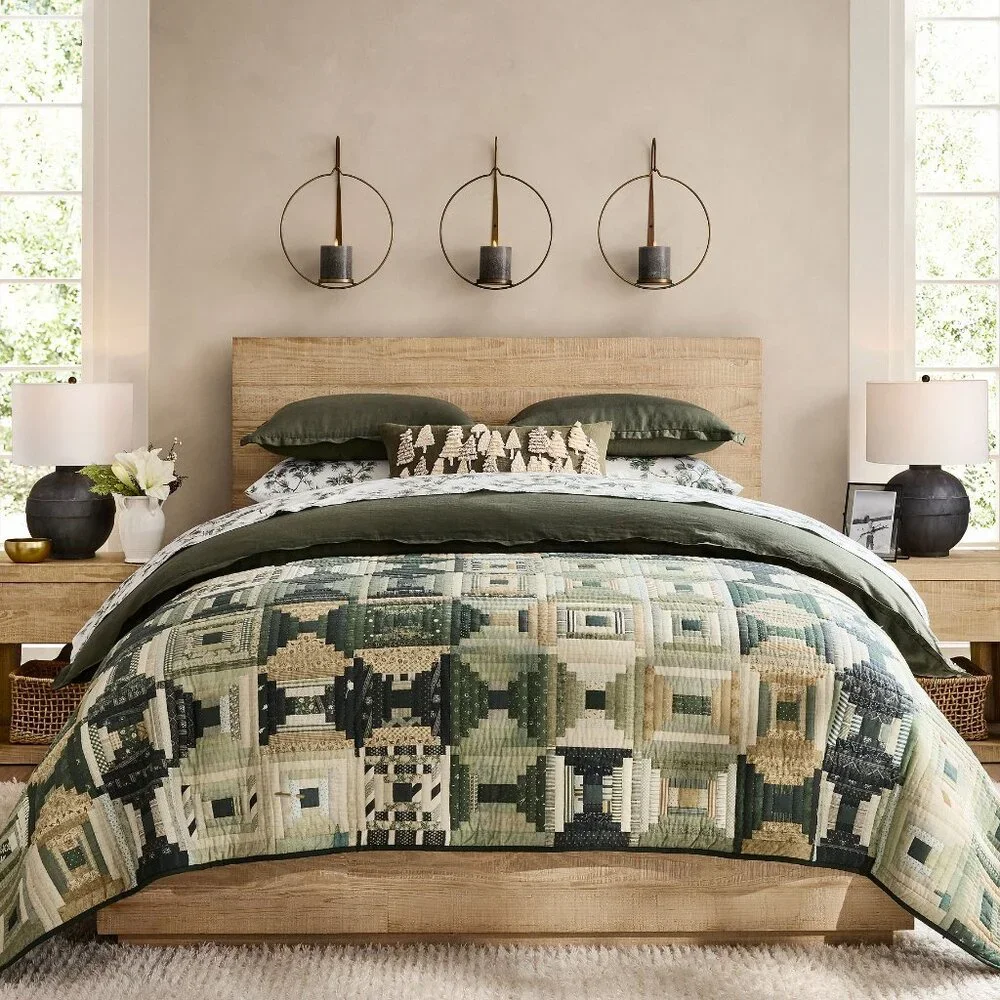 Pottery Barn Jaxson Quilt Patchwork Green Cream Reversible King / California NWT